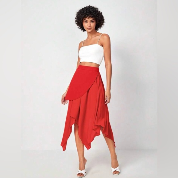 Red High Waist Asymmetrical Hem Skirt - Picture 5 of 5